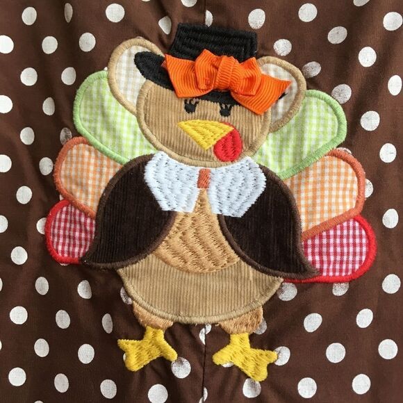 STELLYBELLY BROWN AND WHITE POLKA DOT ROMPER WITH APPLIQUED TURKEY - Picture 3 of 6
